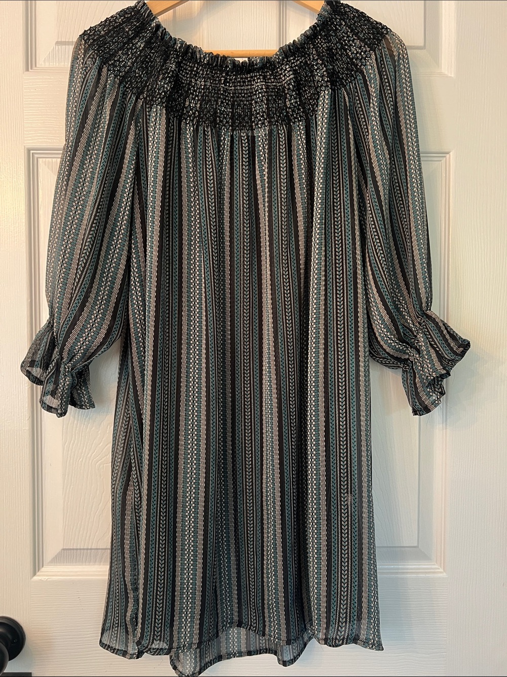 Lightweight Striped Off-Shoulder Sheer in Black & Teal, From Paris